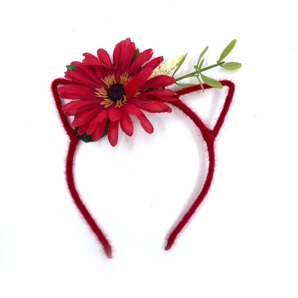 Floral Cat Ears Headband - Red Daisy