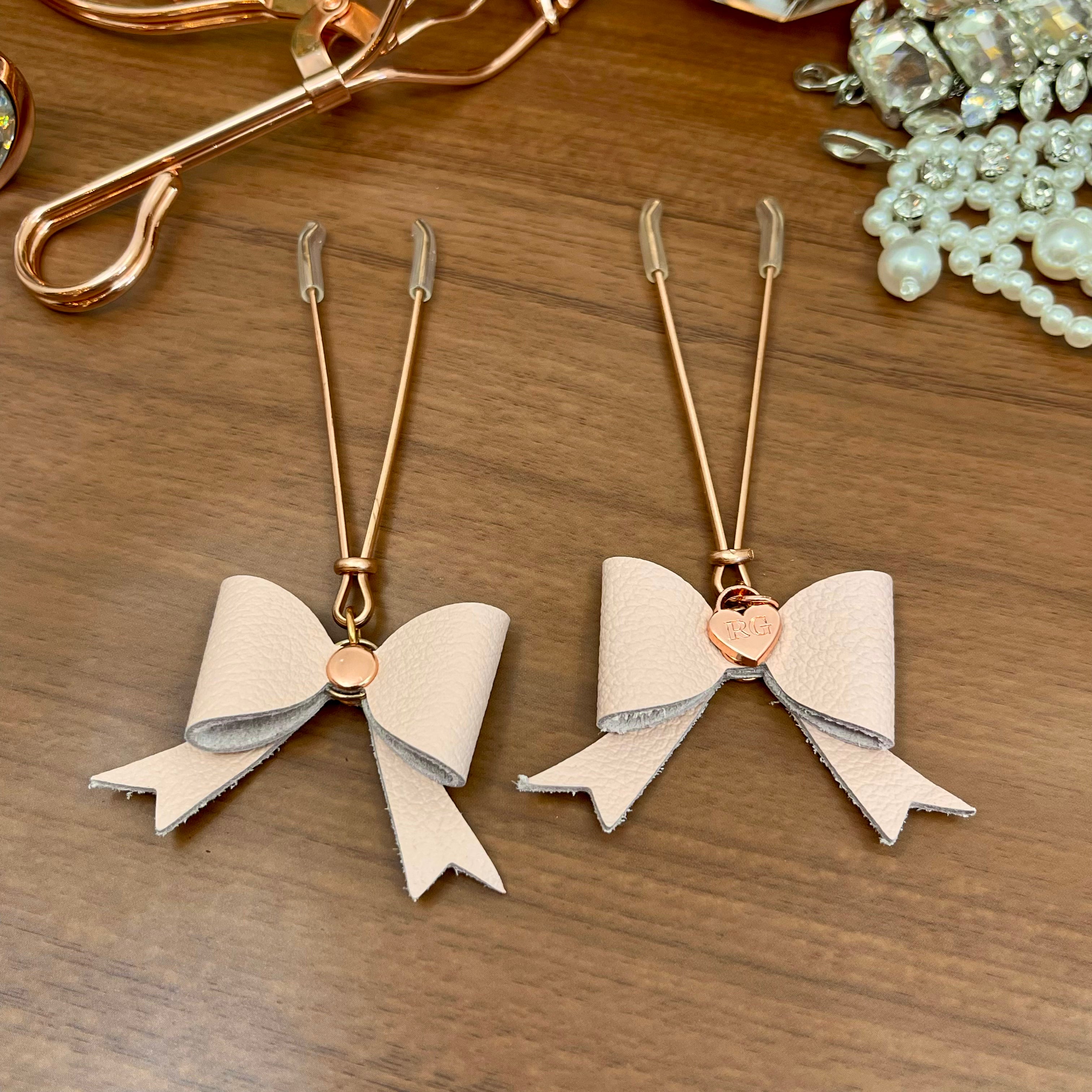 Leather Bow Nipple clamps - Blush Pink & Rose Gold