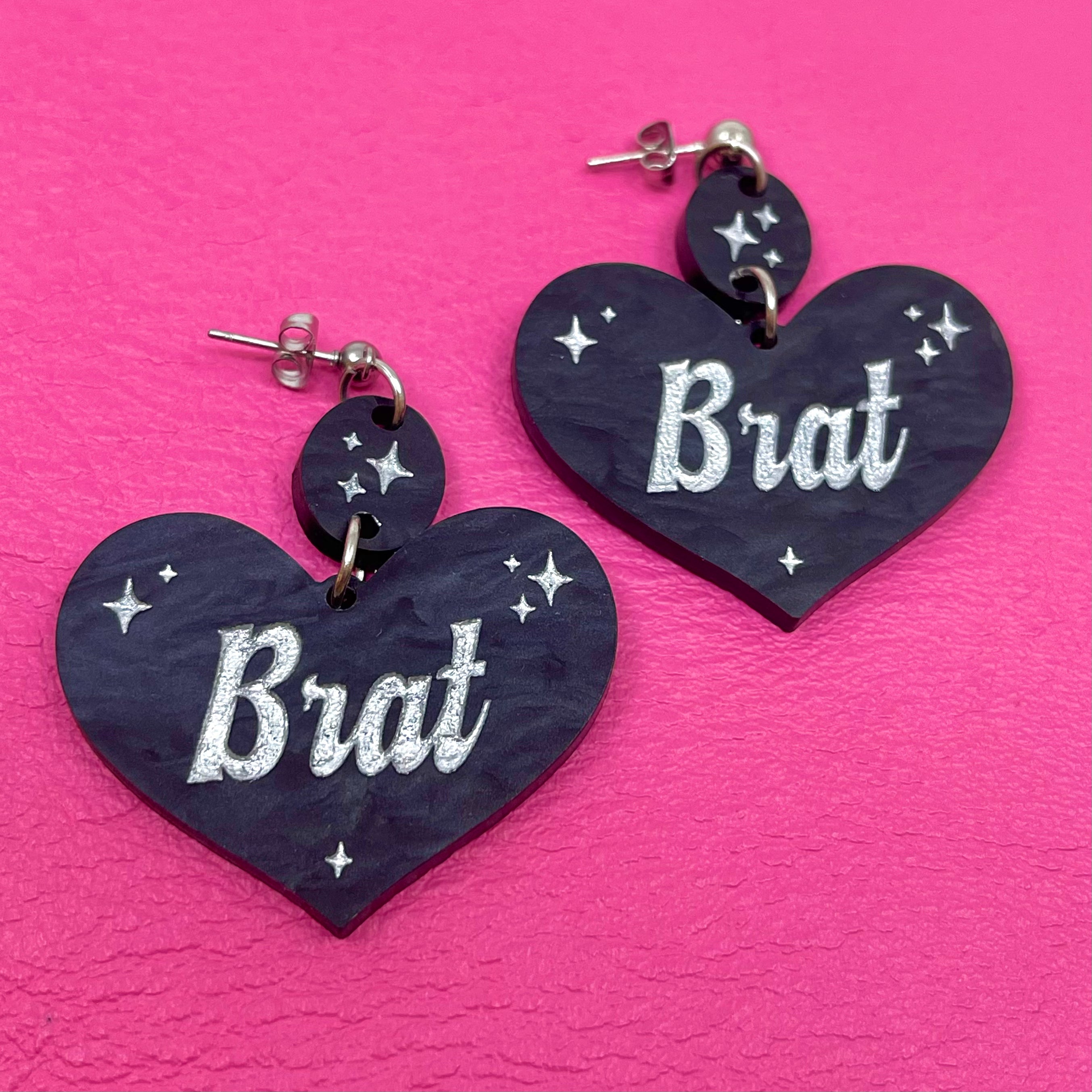 Brat Retro Sparkle Heart Earrings - Black & Silver Earrings Restrained Grace