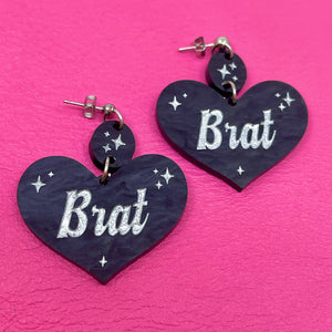 Brat Retro Sparkle Heart Earrings - Black & Silver Earrings Restrained Grace