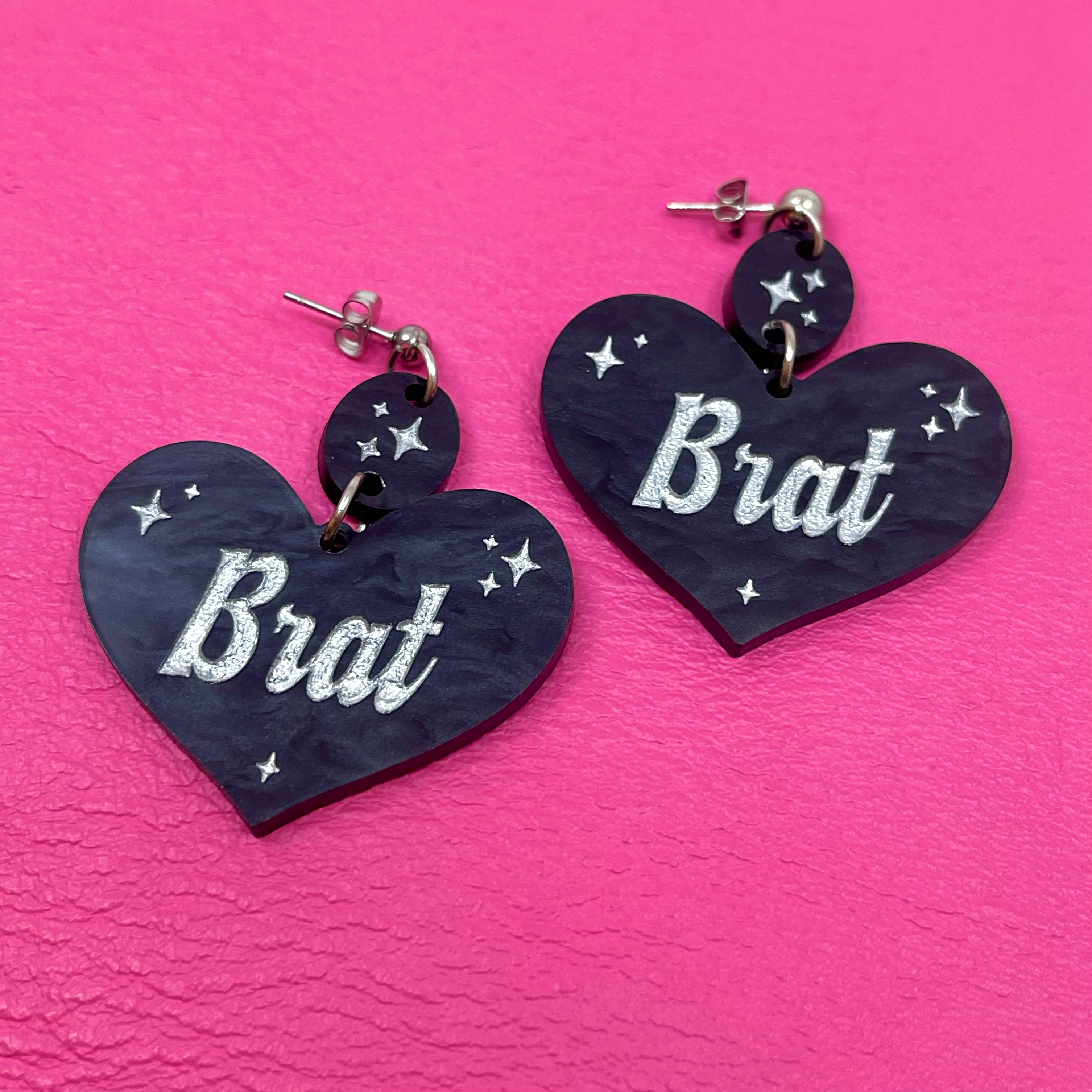 Brat Retro Sparkle Heart Earrings - Black & Silver Earrings Restrained Grace