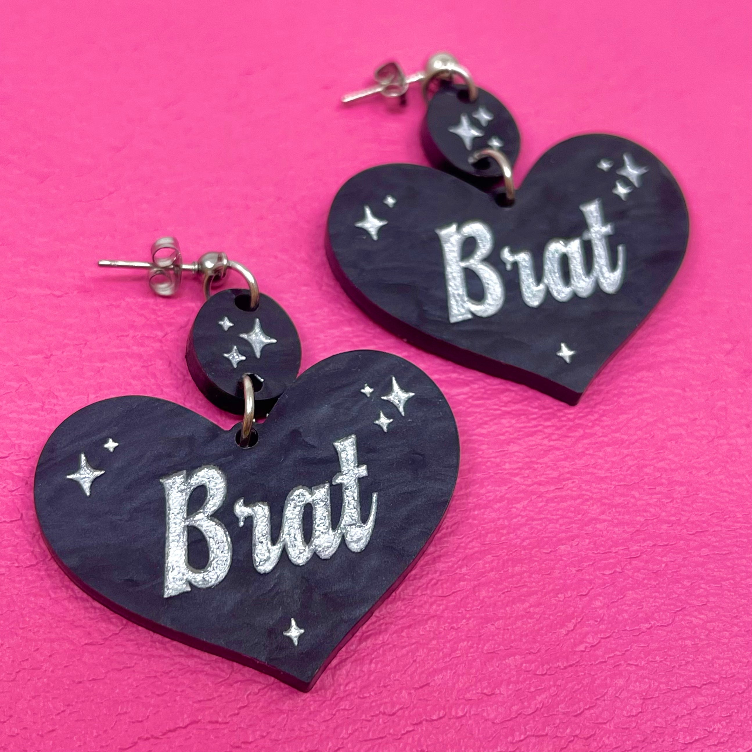 Brat Retro Sparkle Heart Earrings - Black & Silver Earrings Restrained Grace