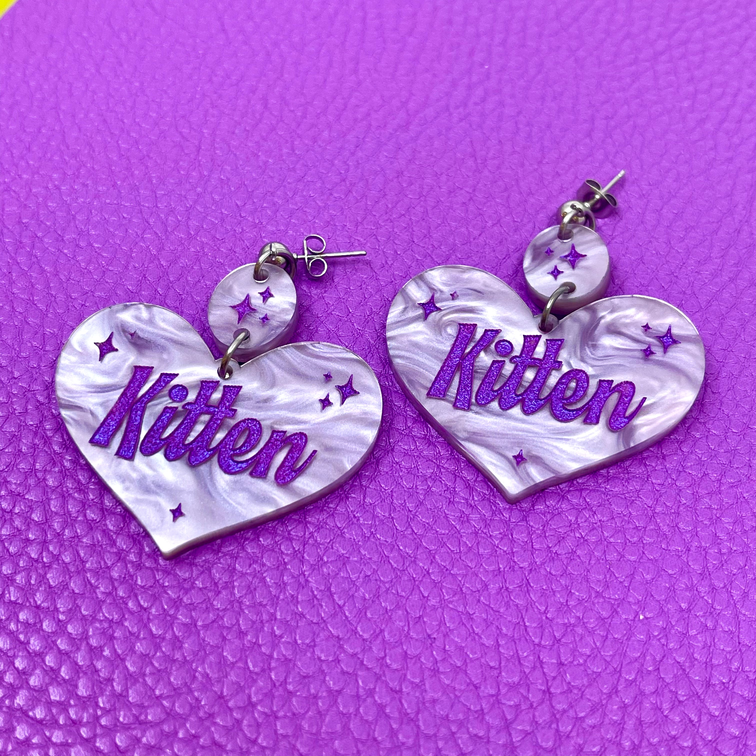 Kitten Retro Sparkle Heart Earrings - Lavender Earrings Restrained Grace