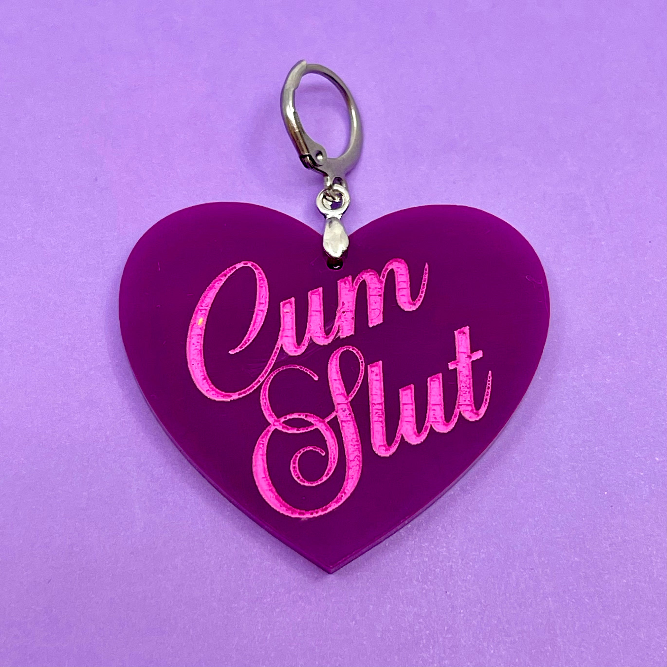 Cum Slut XL Heart Collar Tag - Plum Collar Tag Restrained Grace