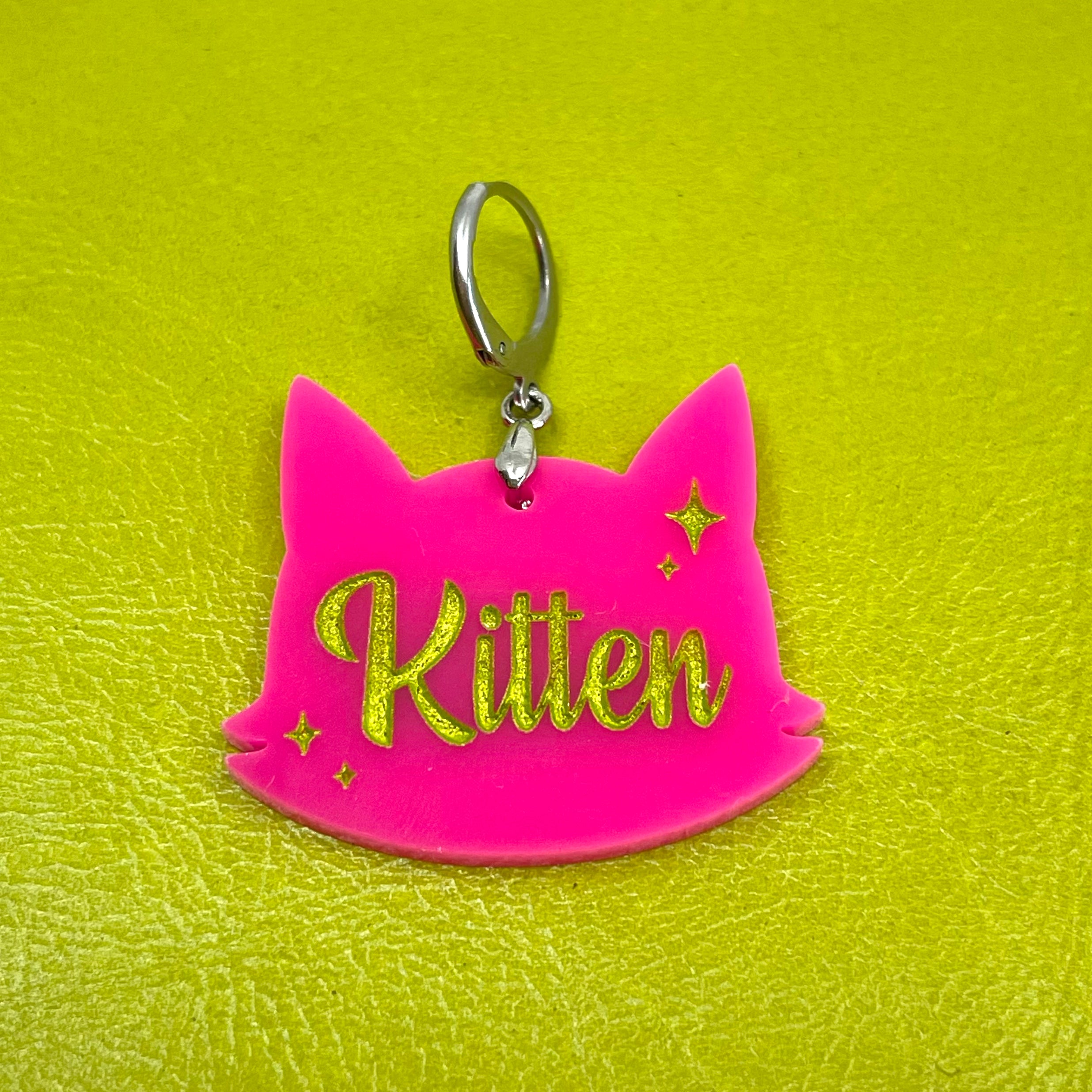 Retro Sparkle Kitten Collar Tag - Hot Pink
