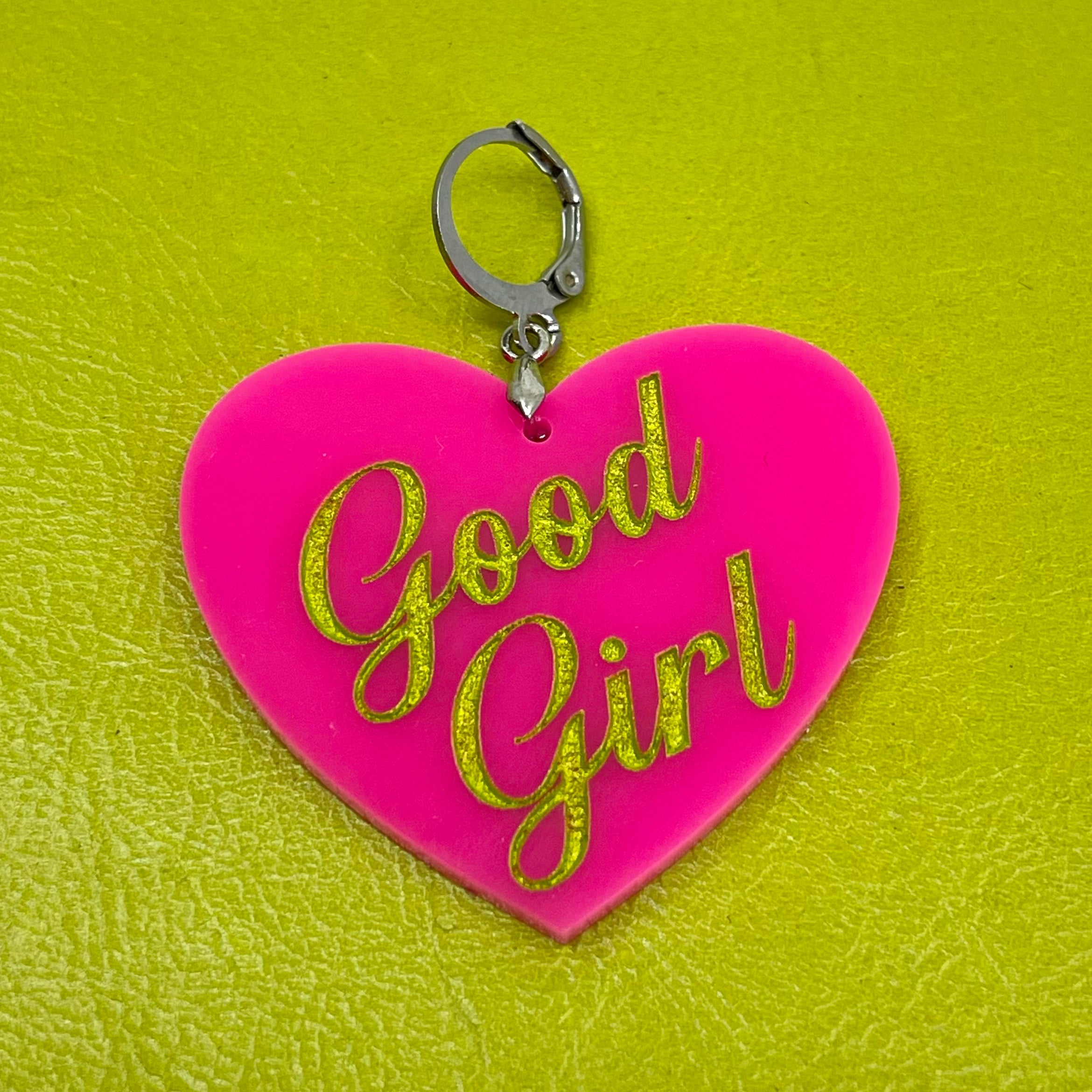 Good Girl XL Heart Collar Tag - Hot Pink