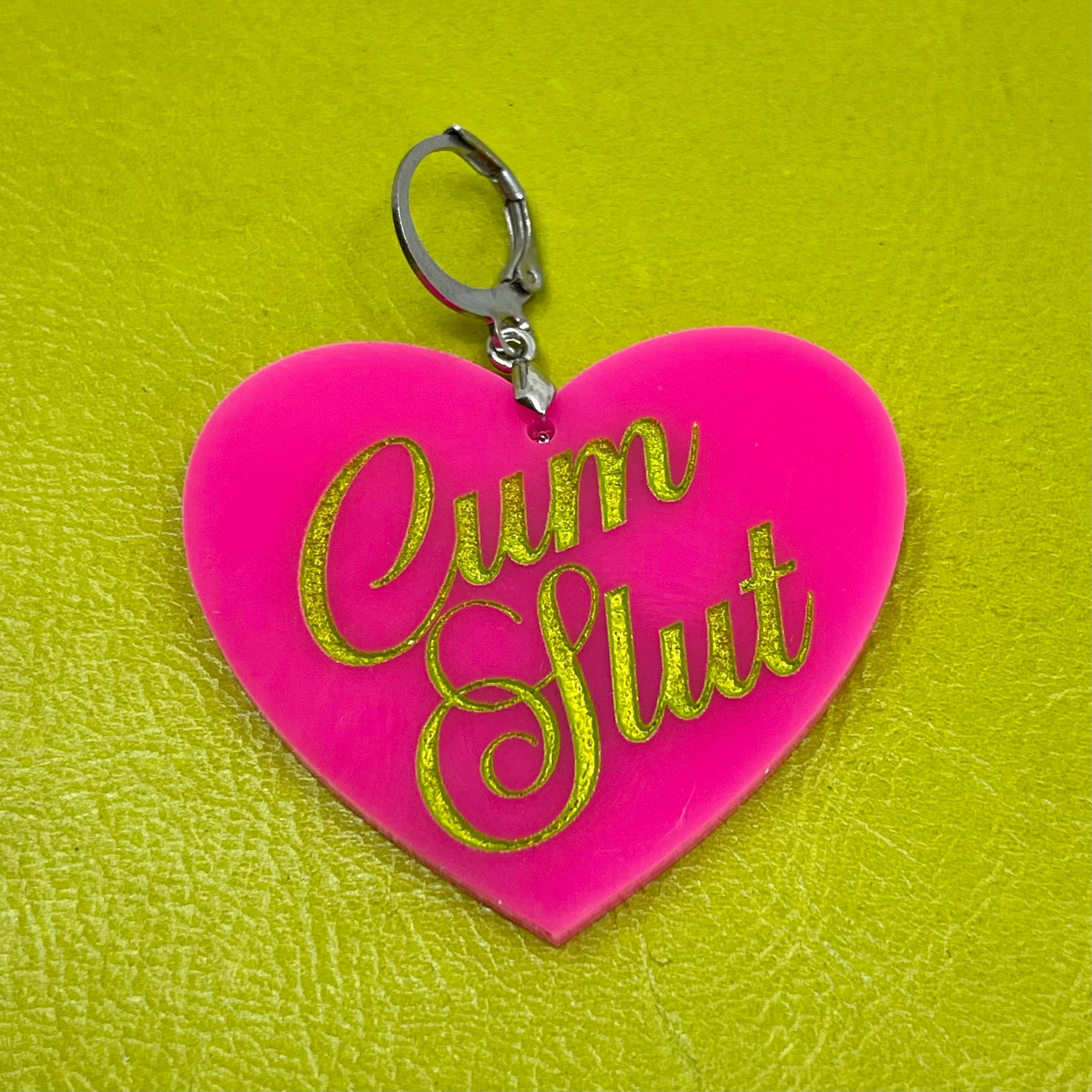 Cum Slut XL Heart Collar Tag - Hot Pink