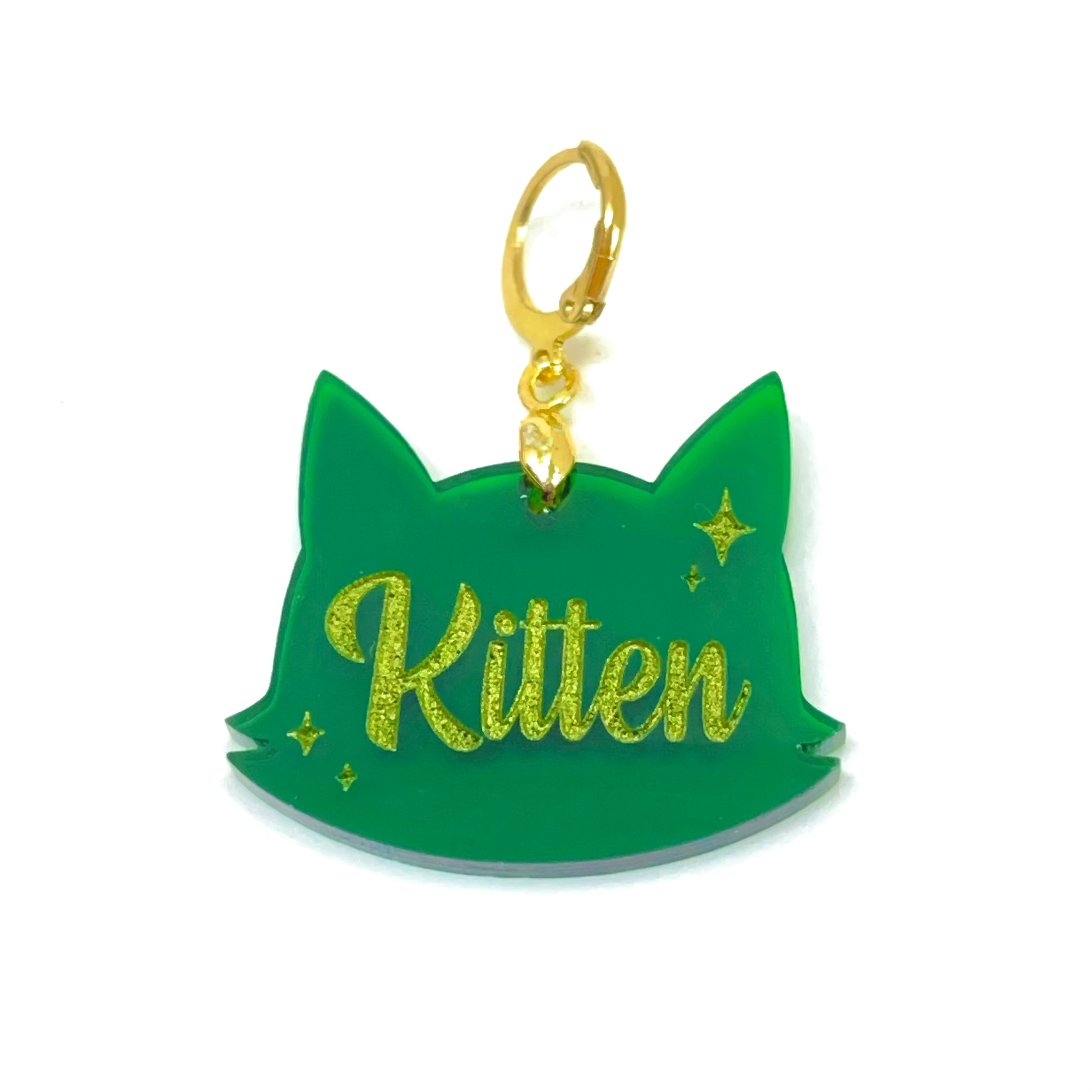 Retro Sparkle Kitten Collar Tag - Transparent Green