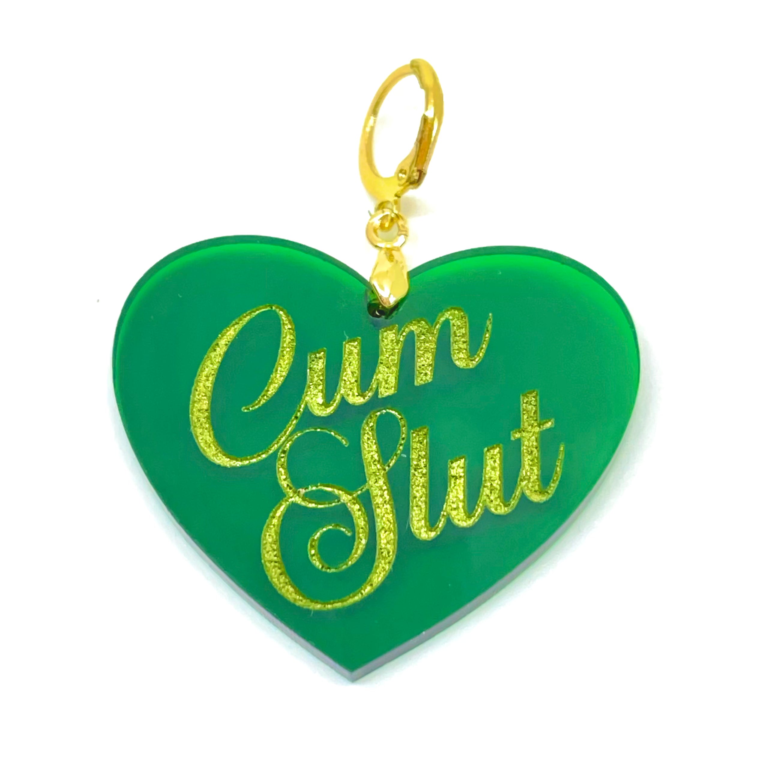 Cum Slut XL Heart Collar Tag - Transparent Green