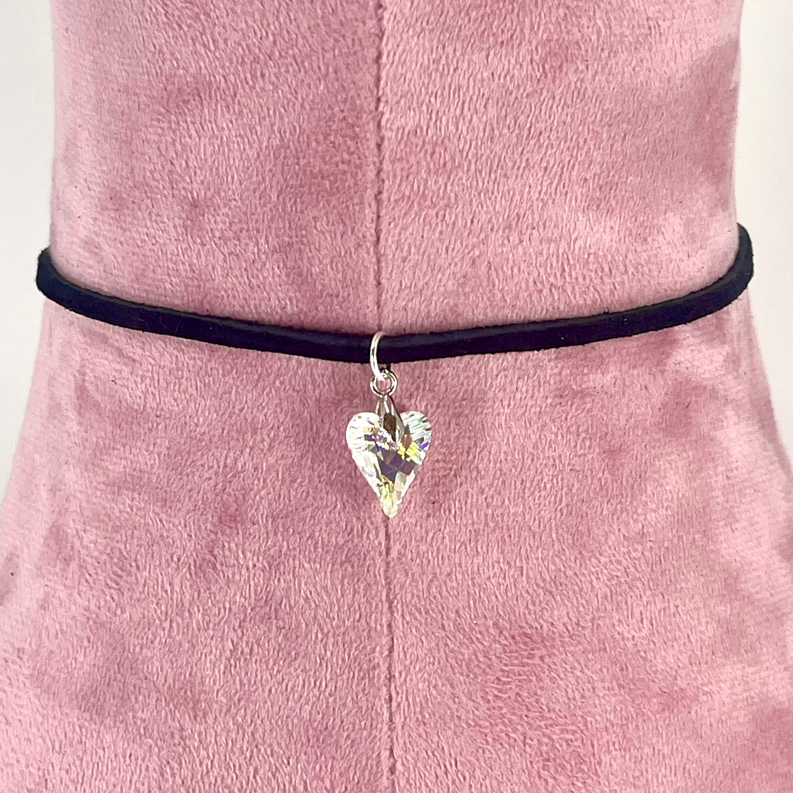 Sterling & Suede Lace Choker with Clear Swarovski Heart Drop