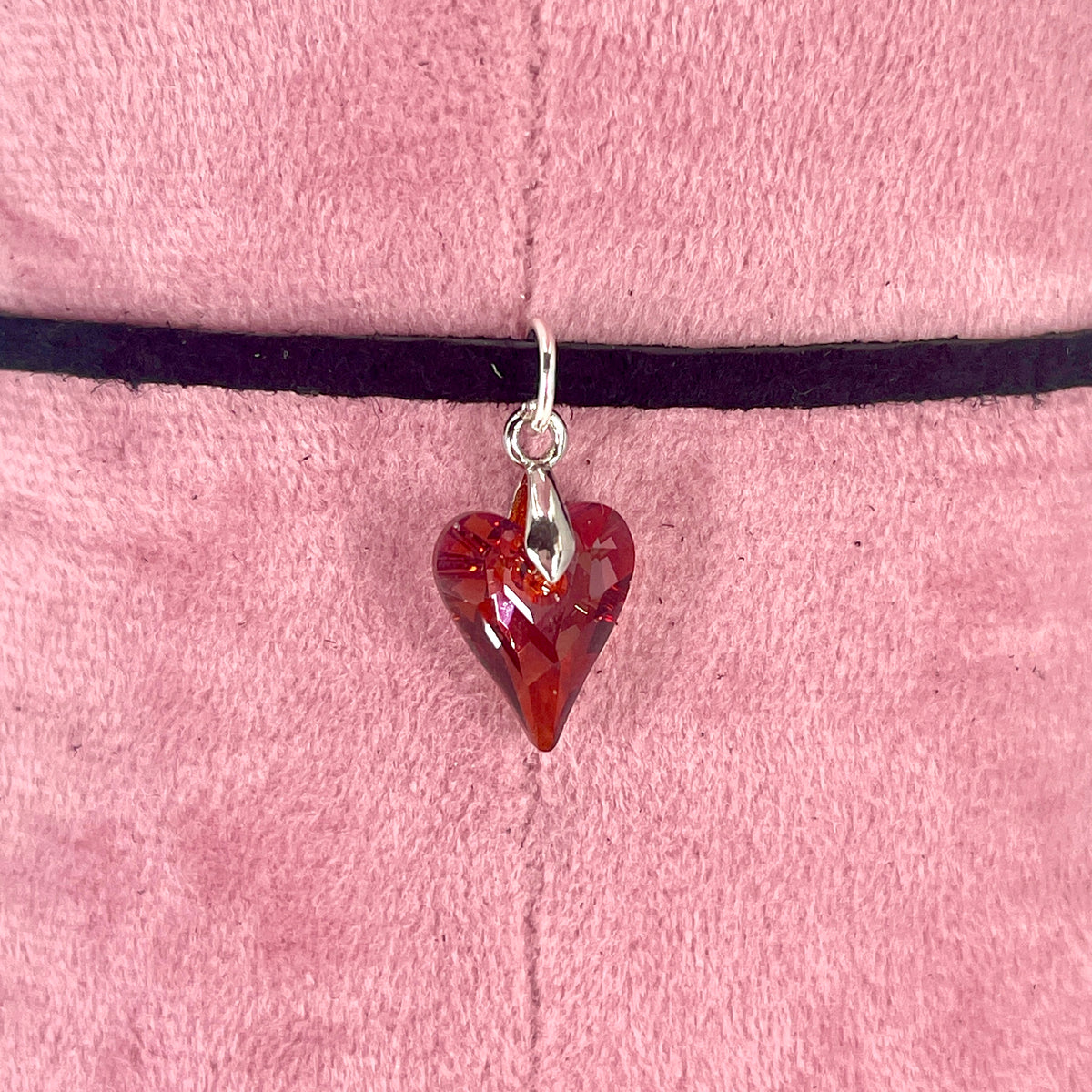 Sterling & Suede Lace Choker with Red Swarovski Heart Drop