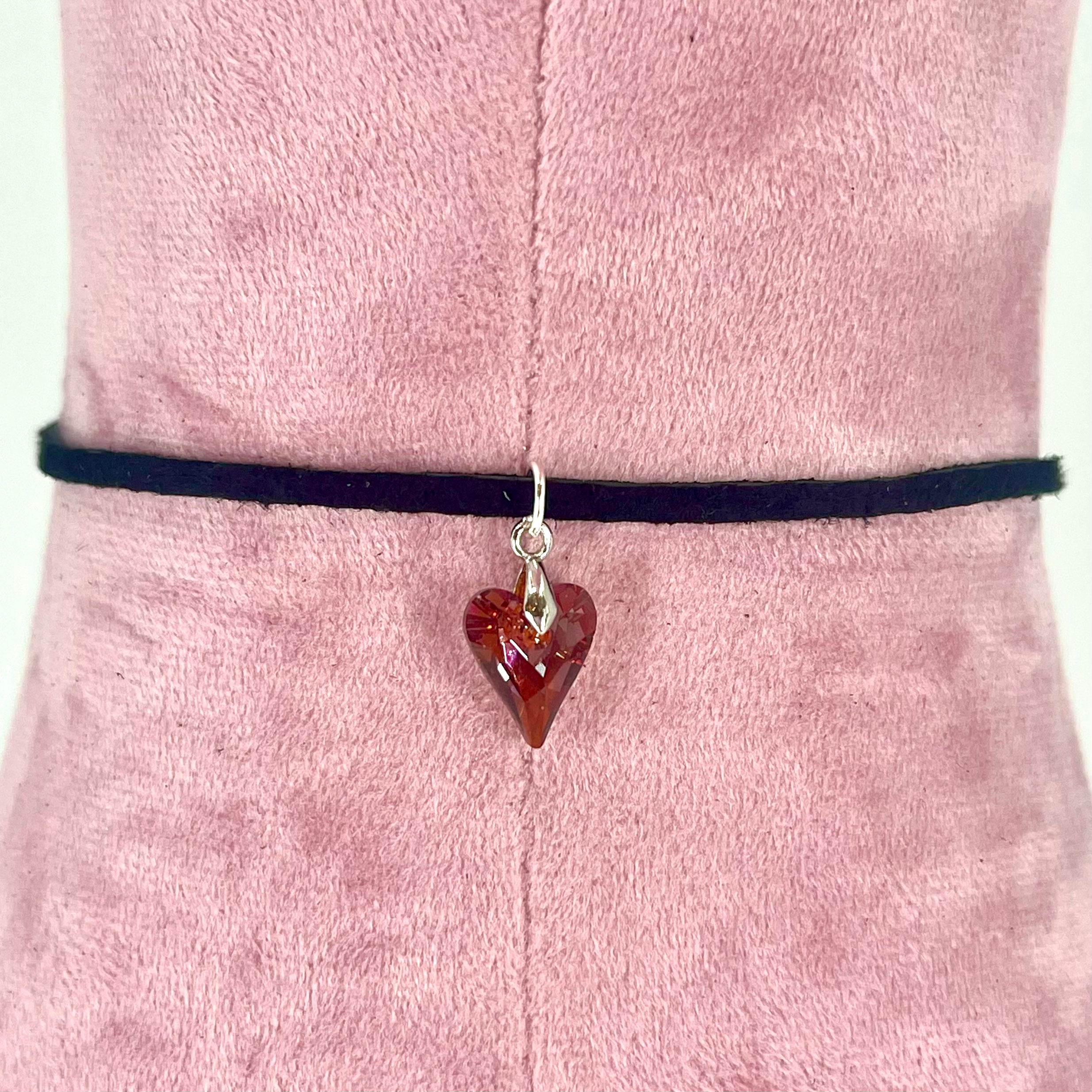 Sterling & Suede Lace Choker with Red Swarovski Heart Drop