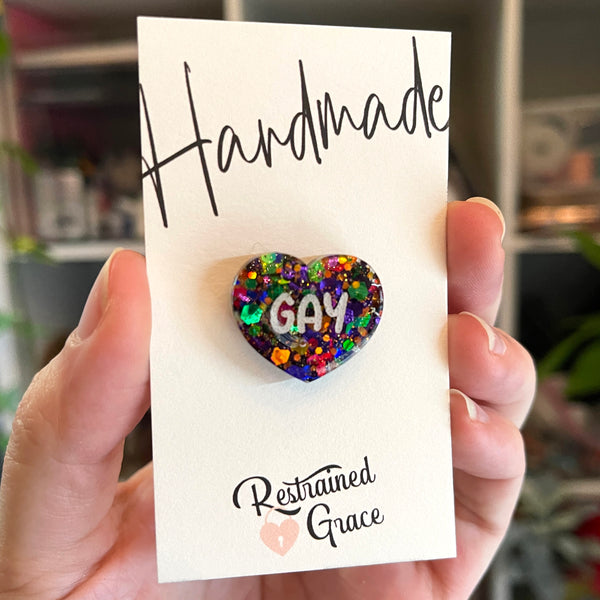 Gay - LGBTQIA+ Pride Glitter Lapel Pin Pin Restrained Grace   