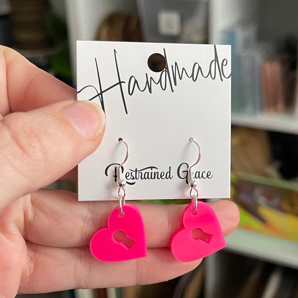 Hot Pink Keyhole Heart Dangle Earrings Earrings Restrained Grace   