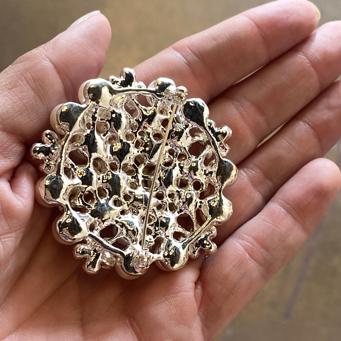 Rosette Brooch with Shell Pearls and Cubic Zirconia Brooch Restrained Grace   