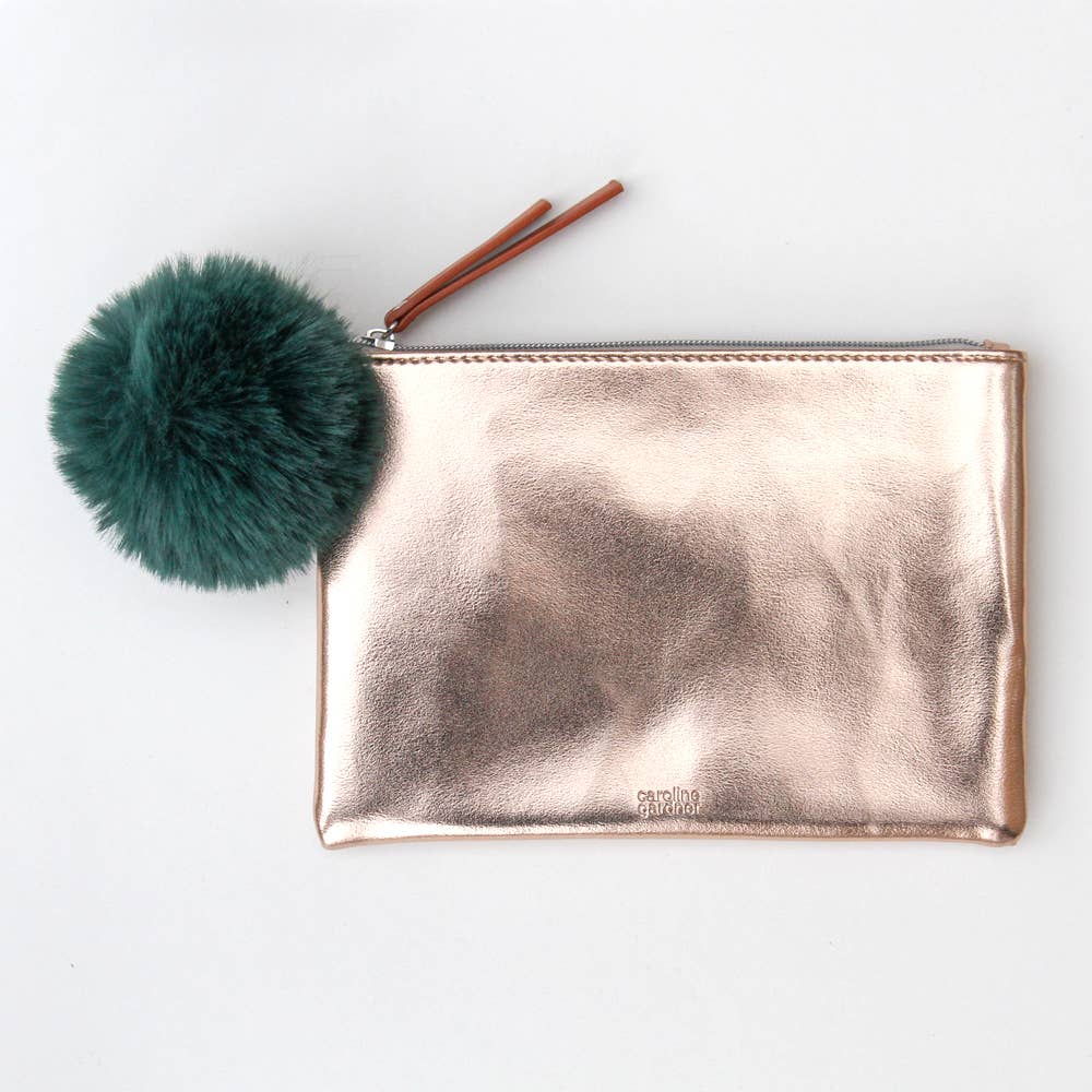 Caroline Gardner - Rose Gold Pouch with Emerald Green Pom Bags Caroline Gardner   