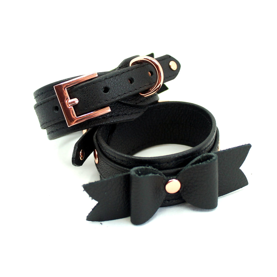 Restrained Grace Cuffs Black & Rose Gold Stitched Leather Bow BDSM Bondage Cuffs