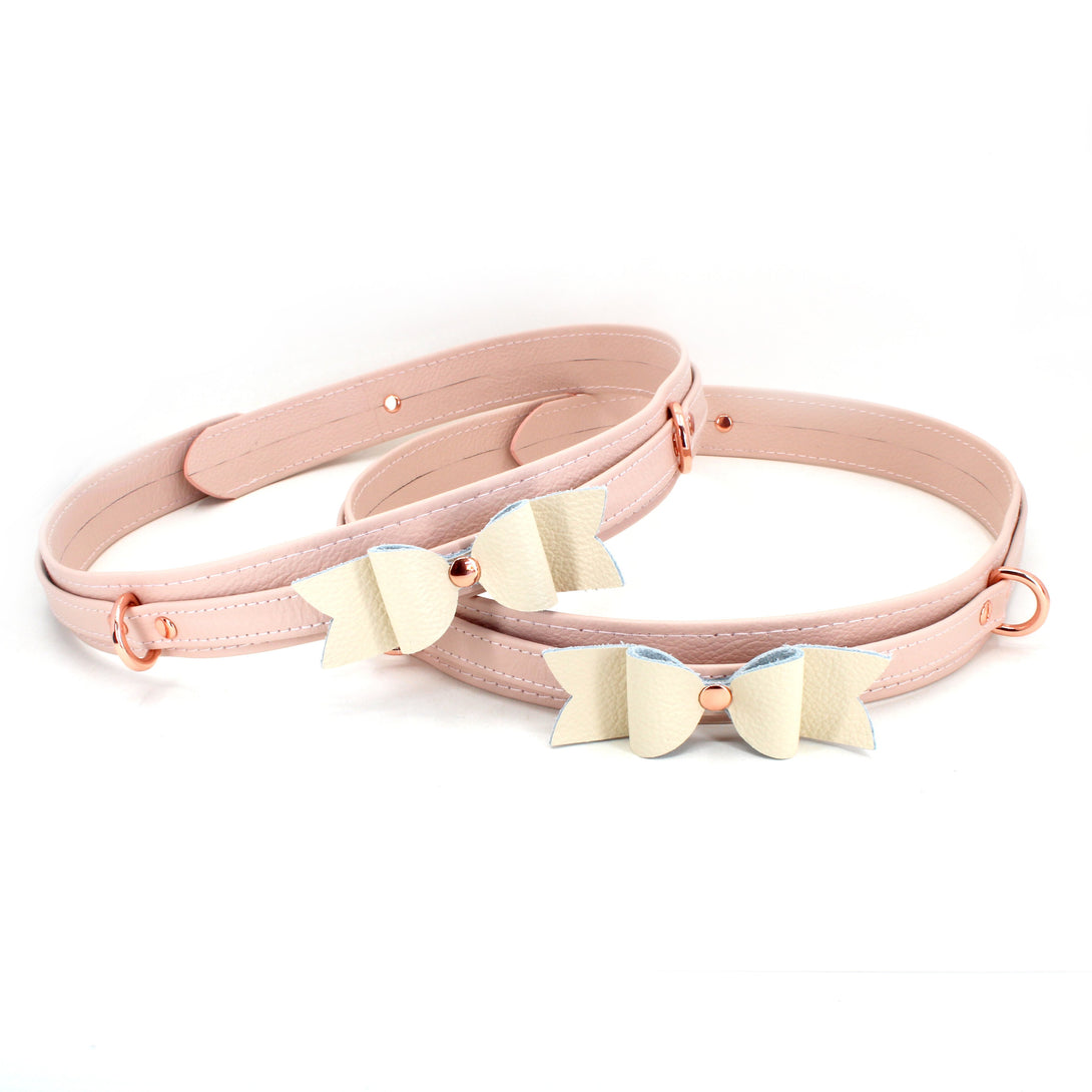 Restrained Grace Cuffs Blush Pink & Rose Gold Stitched Leather Bow BDSM Thigh Cuffs