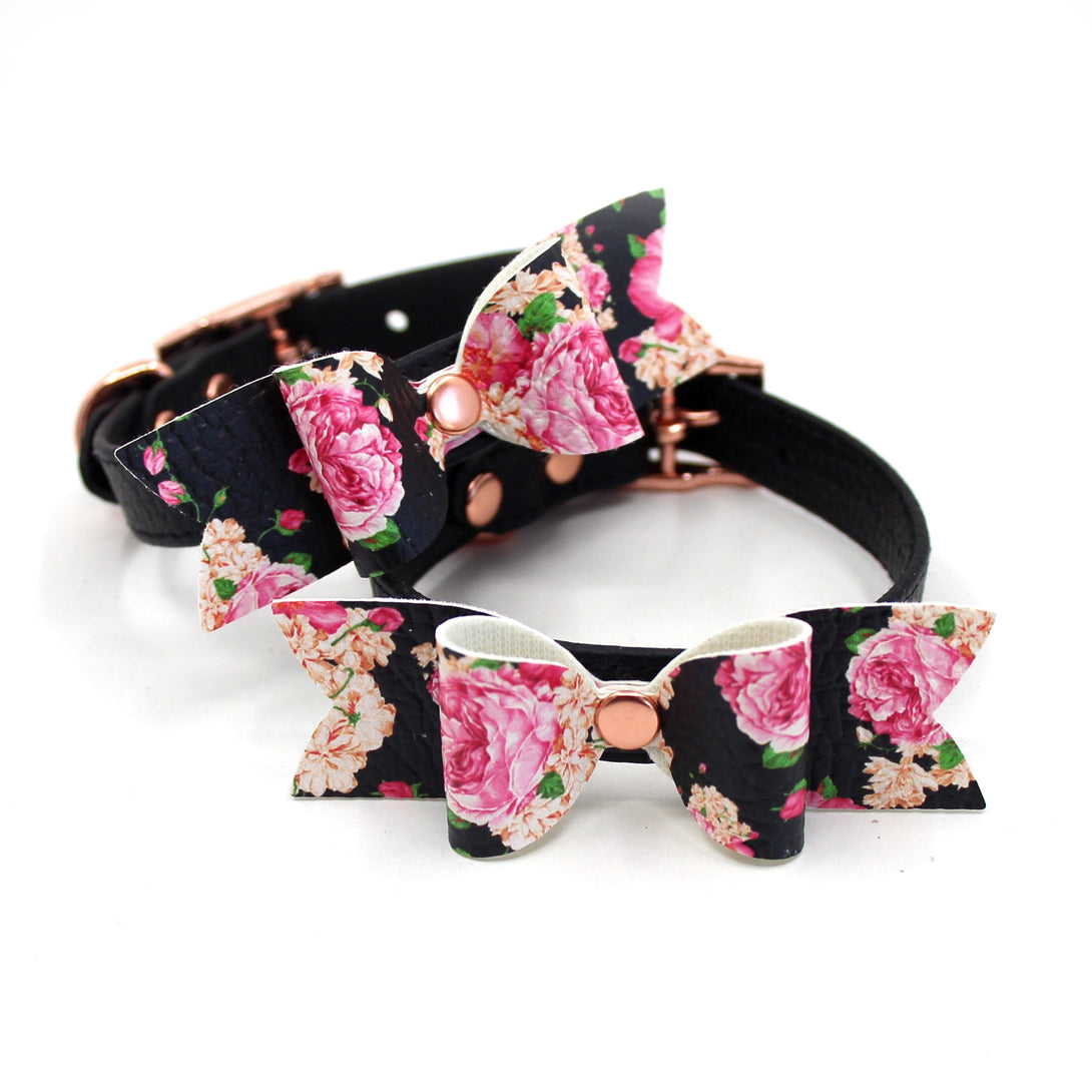 Restrained Grace Cuffs The Sweet Wendie Floral Bow Petite Leather Cuffs in Black & Rose Gold