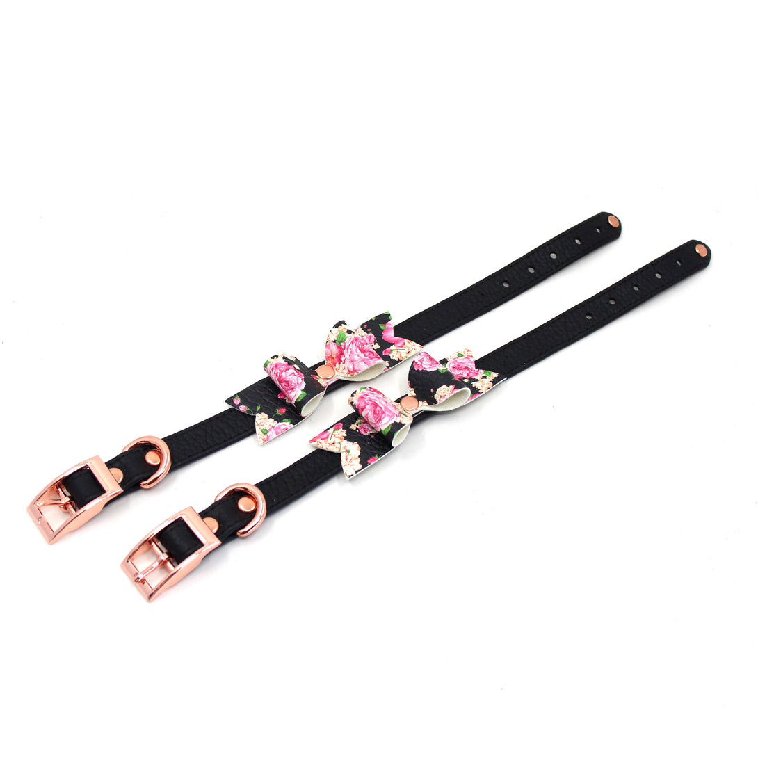 Restrained Grace Cuffs The Sweet Wendie Floral Bow Petite Leather Cuffs in Black & Rose Gold