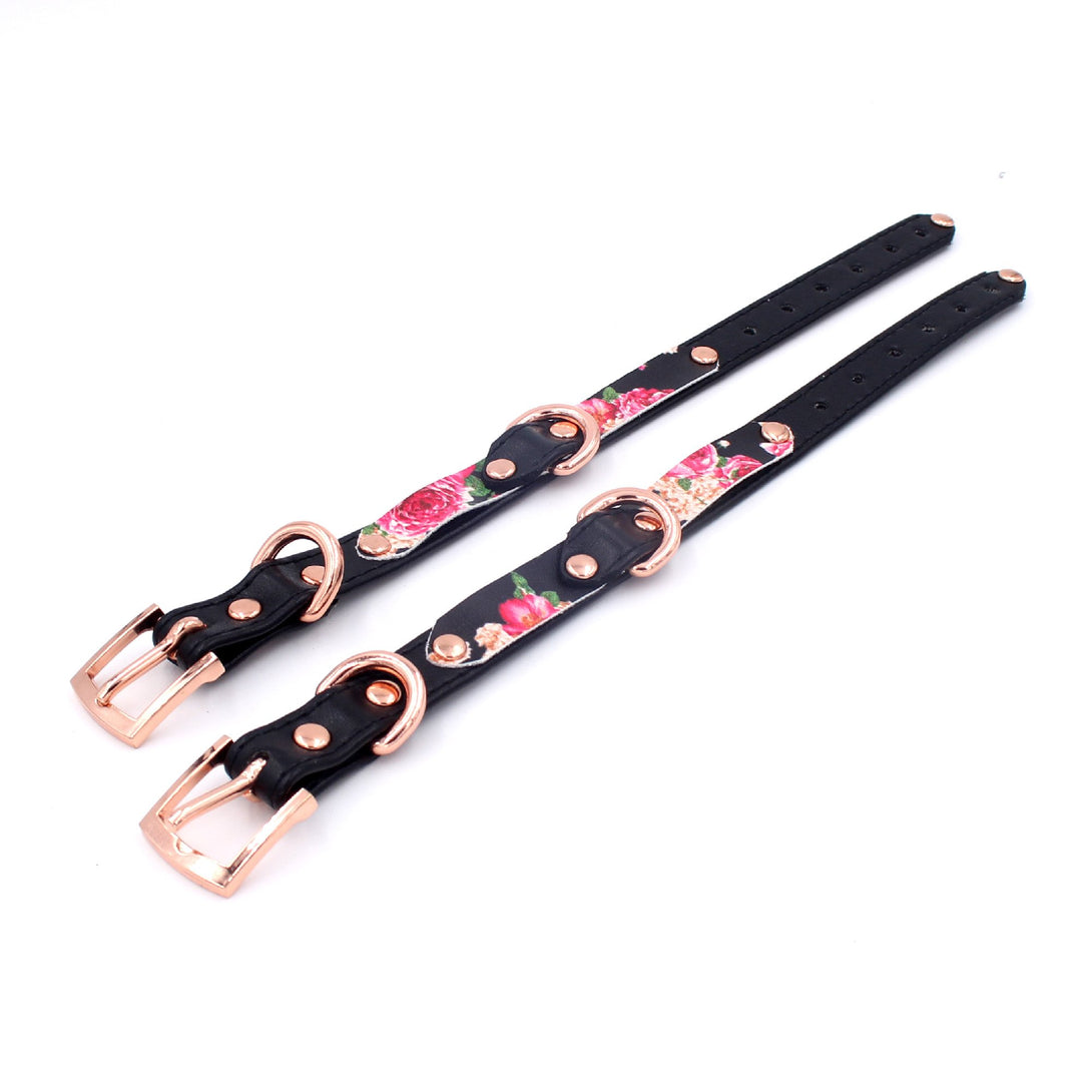 Restrained Grace Cuffs The Sweet Wendie Floral Petite Leather Cuffs in Black & Rose Gold
