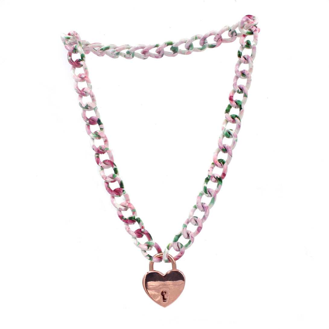 Restrained Grace Day Collar Pink Floral Chain and Rose Gold Day Collar -Large Chain with Engraved Heart Lock