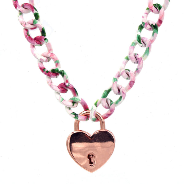 Restrained Grace Day Collar Pink Floral Chain and Rose Gold Day Collar -Large Chain with Engraved Heart Lock