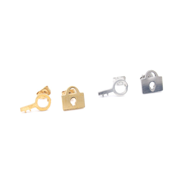 Restrained Grace Earrings Lock and Key Stud Earrings in Silver or Gold