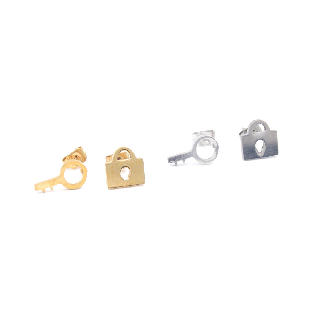 Lock and Key Stud Earrings in Silver or Gold Earrings Restrained Grace   