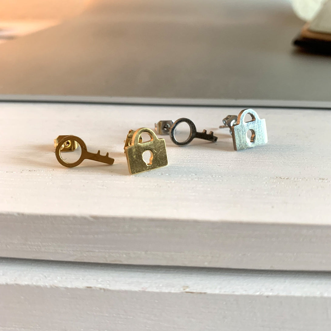 Lock and Key Stud Earrings in Silver or Gold Earrings Restrained Grace   