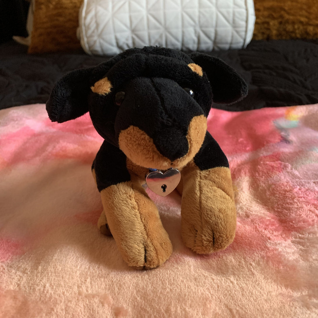 Rottweiler Puppy Bondage Stuffie with Custom Collar or Harness Stuffie Restrained Grace   
