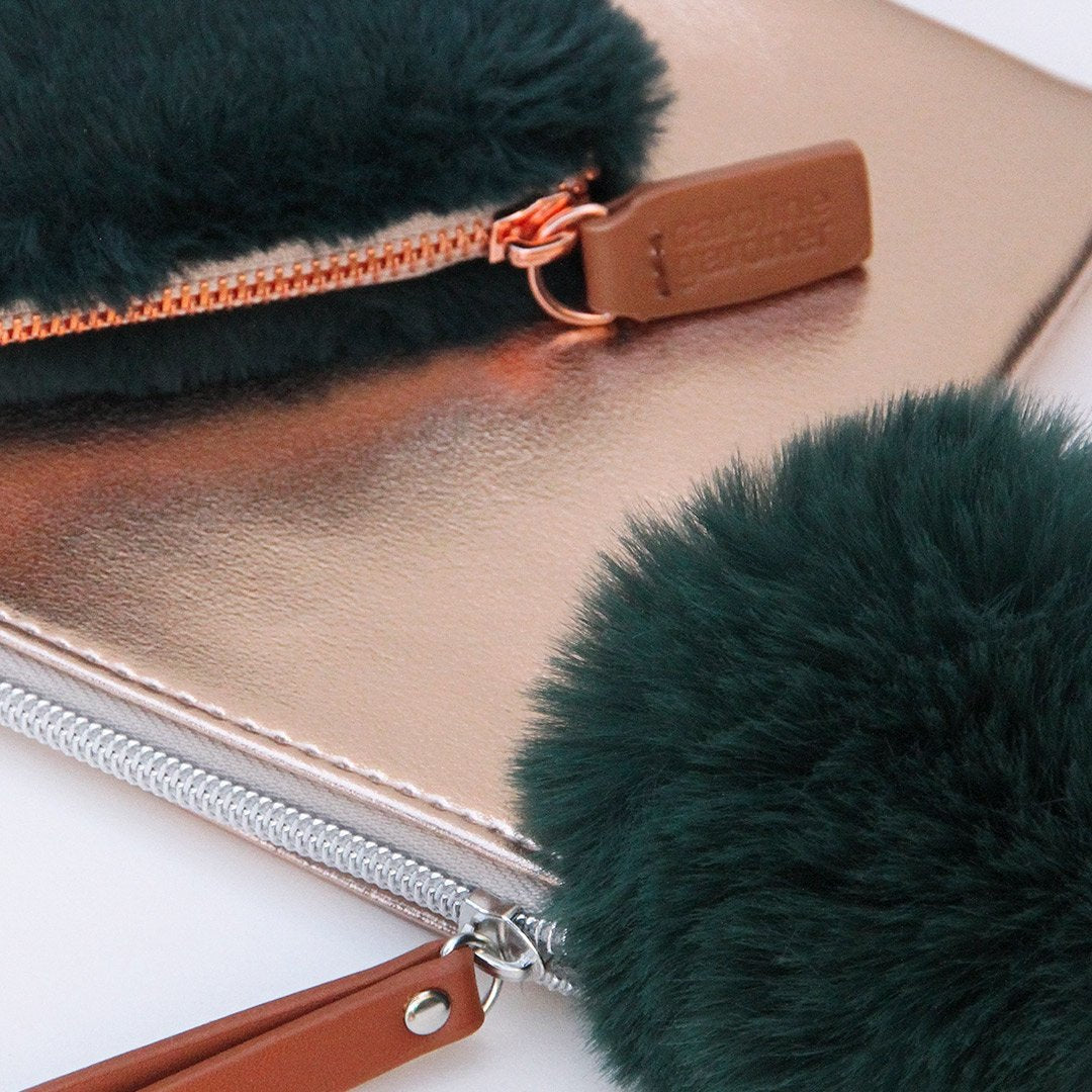 Caroline Gardner - Rose Gold Pouch with Emerald Green Pom Bags Caroline Gardner   